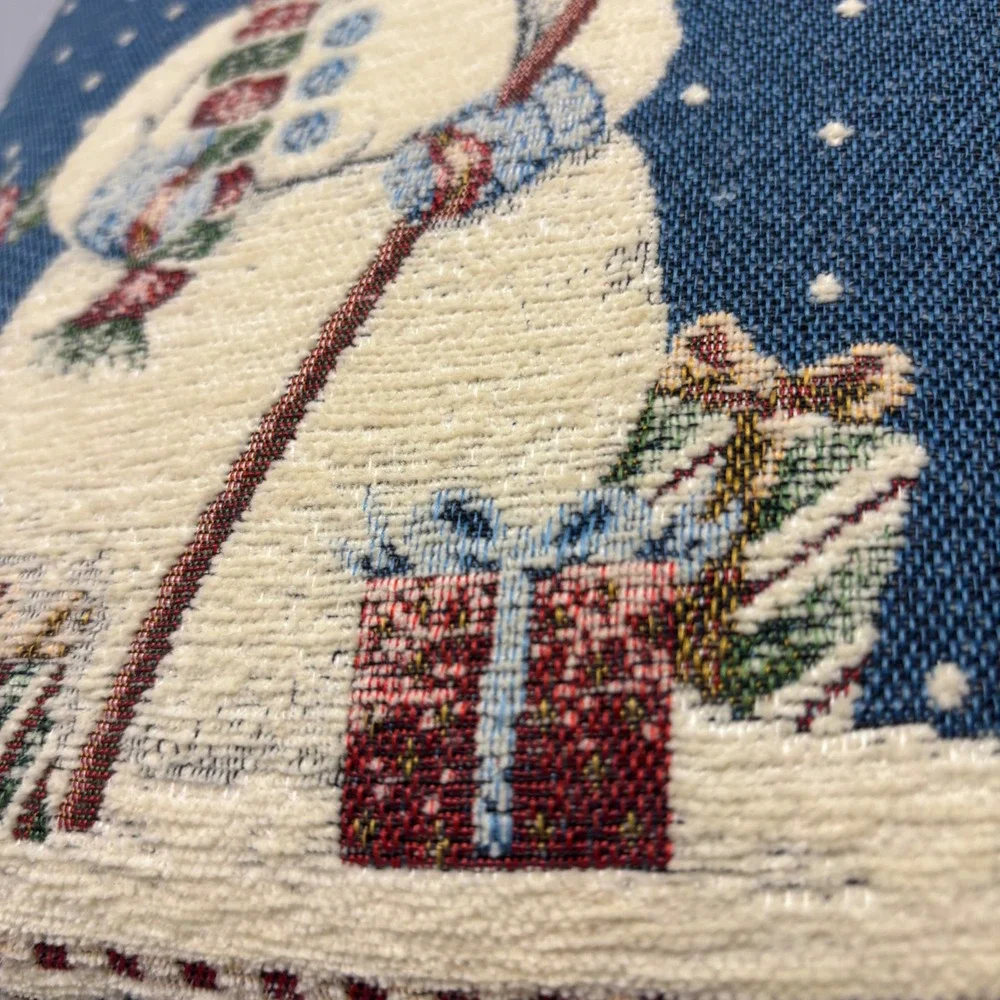 Vintage Christmas Snowman Woven Tapestry Throw Pillow Blue Green 12x12 Holiday